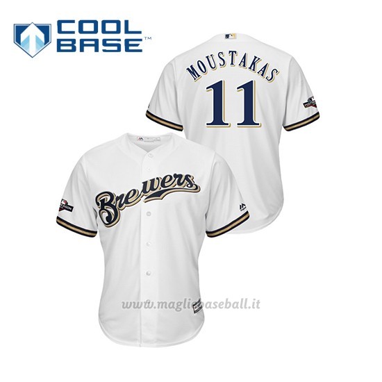 Maglia Baseball Uomo Milwaukee Brewers 11 Mike Moustakas 2019 Postseason Cool Base Bianco